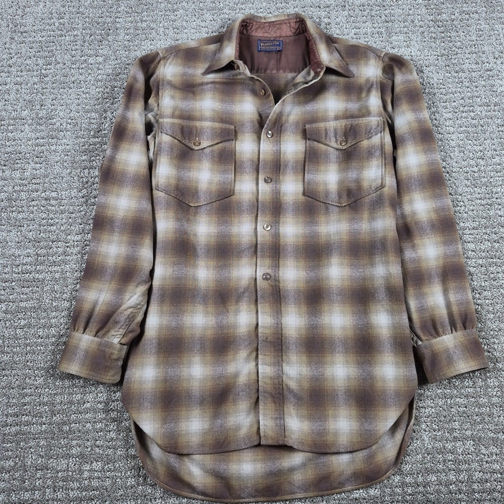 Vintage 60s Pendleton Field Shirt Mens 15.5 M Brown Shadow Plaid Flannel Button